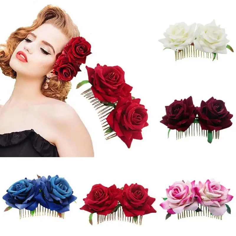 1pc Artificial Rose Flower Hair Comb Romantic Fancy Double Silk Velvet Rose Metal Comb Hair Clips Wedding Bridal Women Headwear