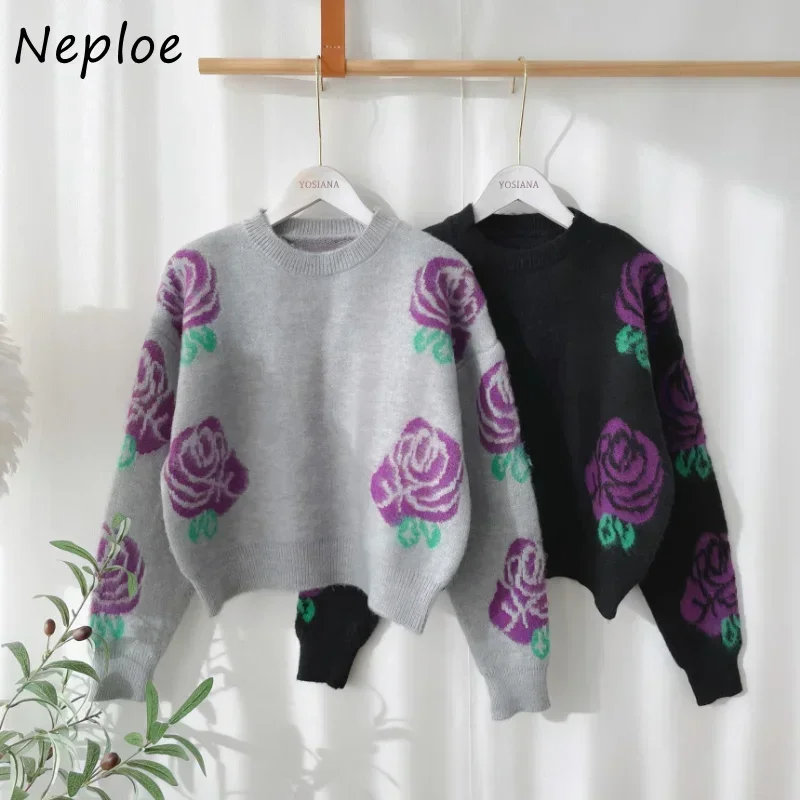 Neploe Autumn O Neck Contrast Color Flower Long Sleeve Pull Femme Jersey Mujer Jumpers Vintage Knitted Pullover Sweater Y2k