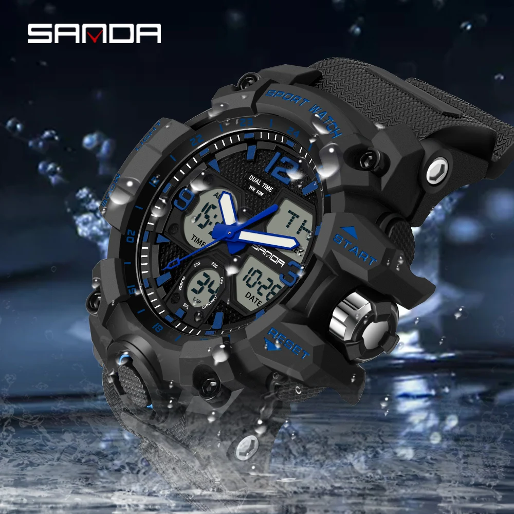 SANDA New Fashion Sport Military Men\'s Wrist Watch Digital Quartz Dual Display Watches Waterproof Casual Watch for Men\'s 6030