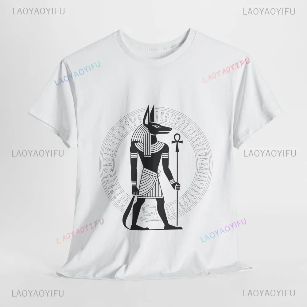 Camiseta de algodón con gráfico de Anubis, Egipto antiguo, cetro de la divinidad cacaal, réplica del ocultismo de las civilizaciones antiguas
