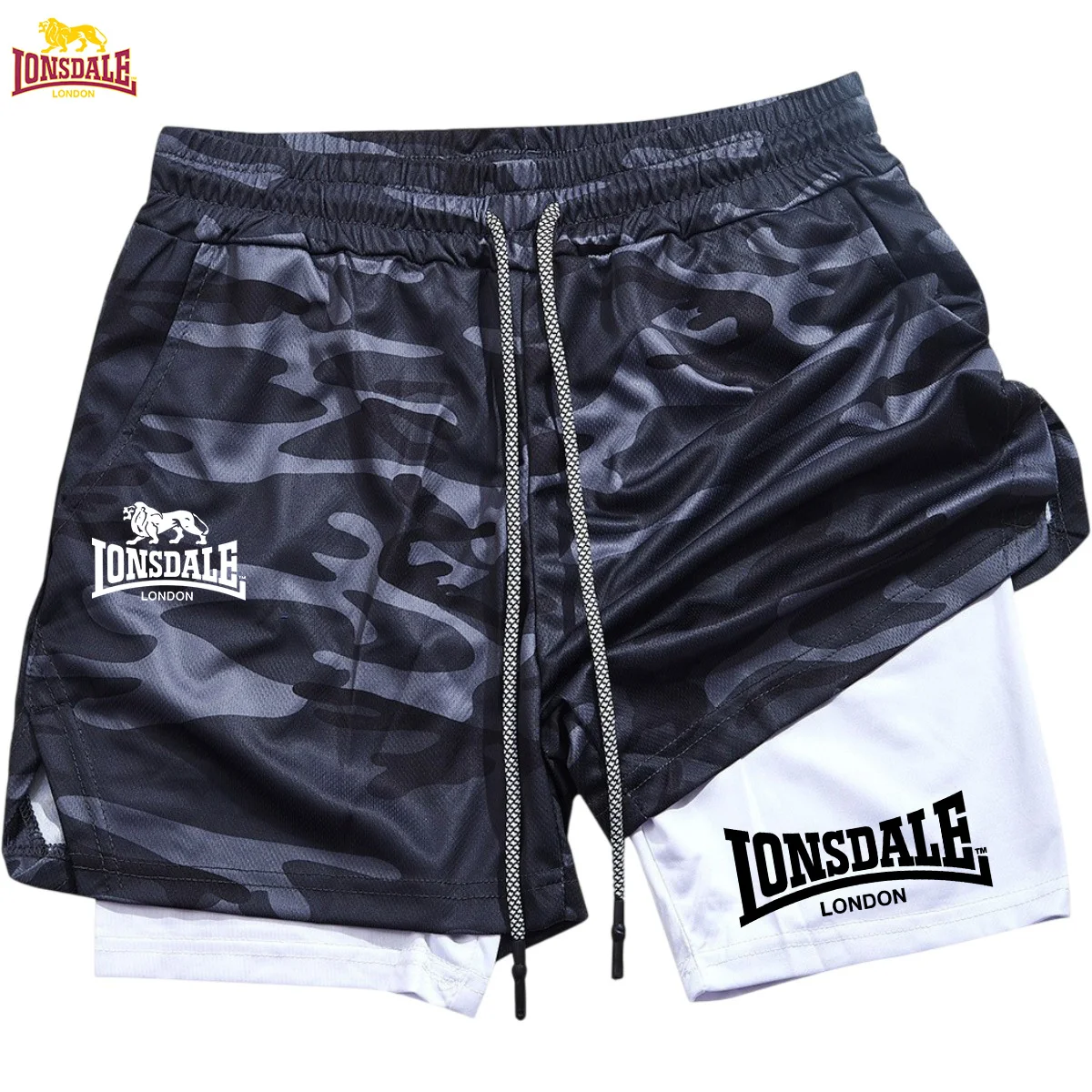 

LONSDALE Men's Sports Shorts Set (Running Style), Double-layer Warmth Sports Shorts, Fitness Shorts, Short Training and Running