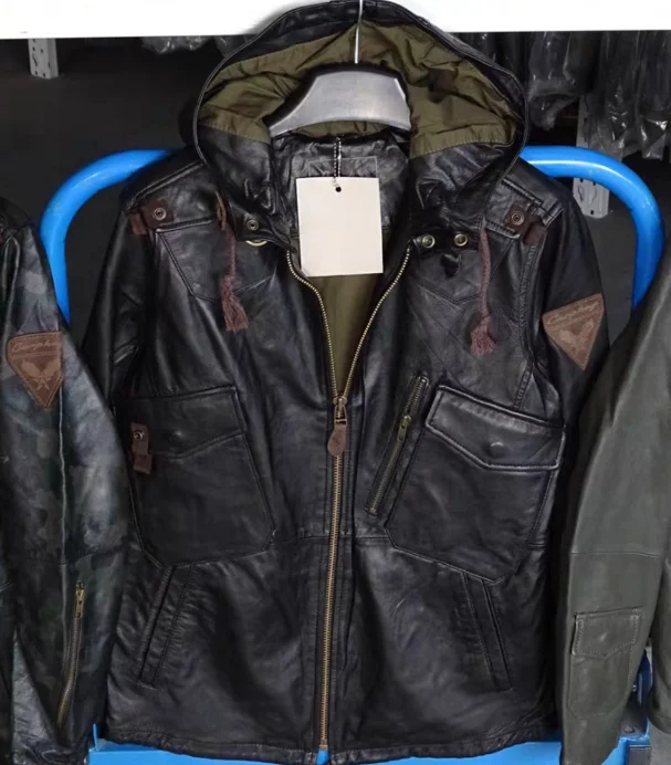 NONE Echtleder-Jagdanzug mit Kapuze für Herren, Jagdbekleidung, Schafsledermantel, Outdoor-Reiten, Reisen, Motorradjacke, M65-Ausrüstung 4