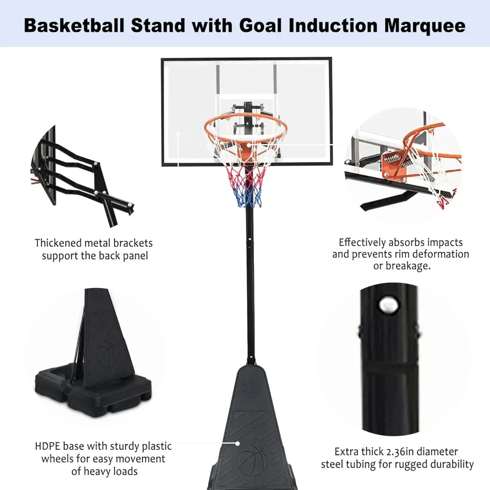 Golha de basquete portátil de altura ajustável, 8,04-10 pés, tabela inquebrável de 44 polegadas, sistema de cesta de basquete ao ar livre resistente