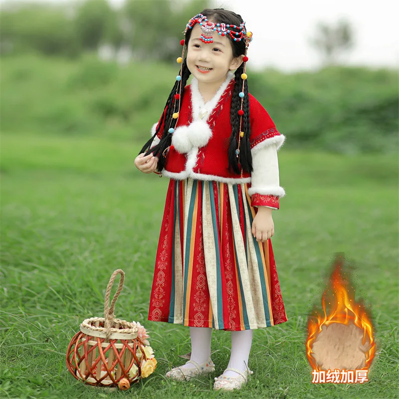 2023 Winter New Warm Girls Dresses Chinese Hanfu Children Suit Princess Kids Elegant Cute Party Costume Chinese New Year Clothes