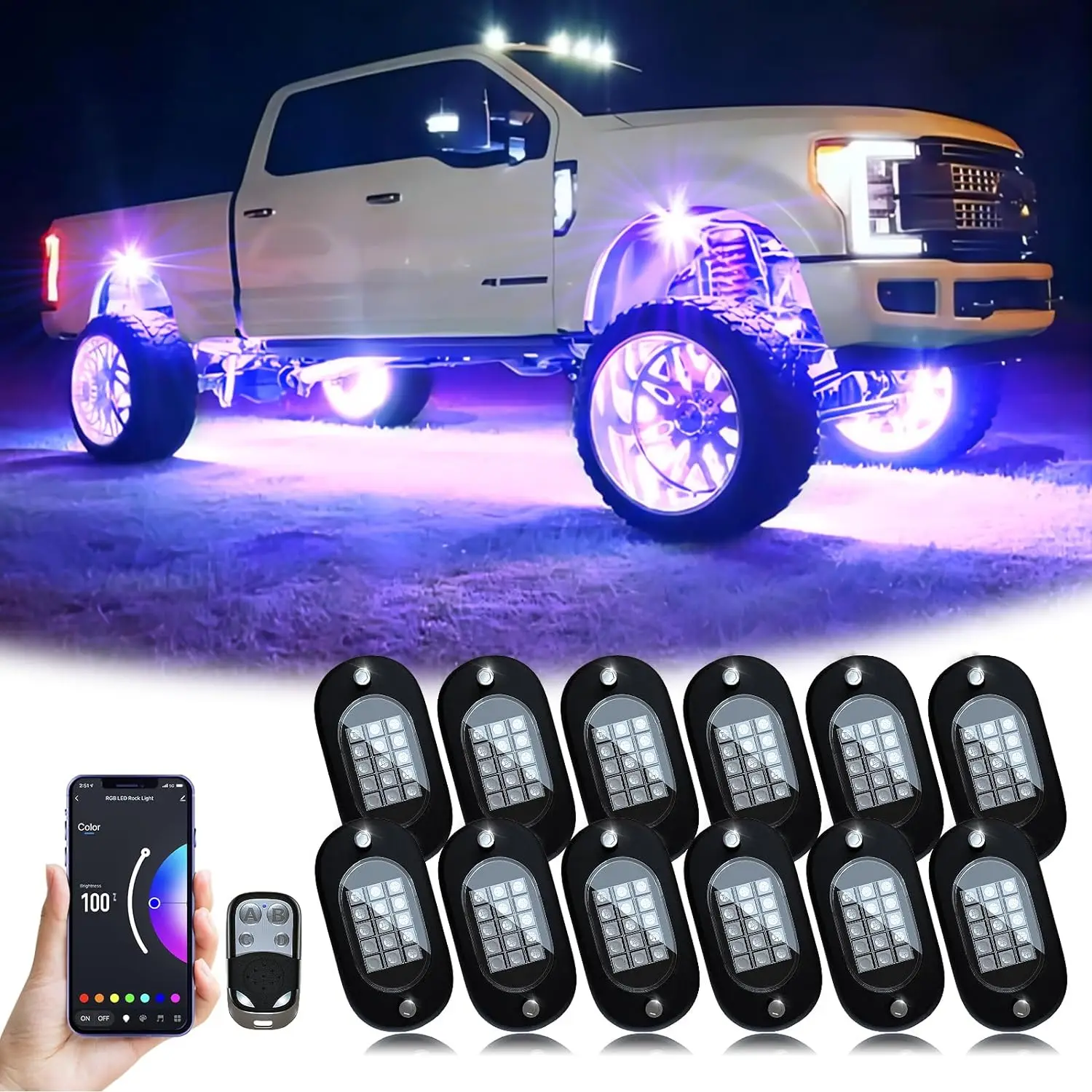 

LED Rock Lights, 180 LEDs Lights with Phone App/Remote Control & Timing & Music Mode Rock Lights Kits,Waterproof Underglow Light