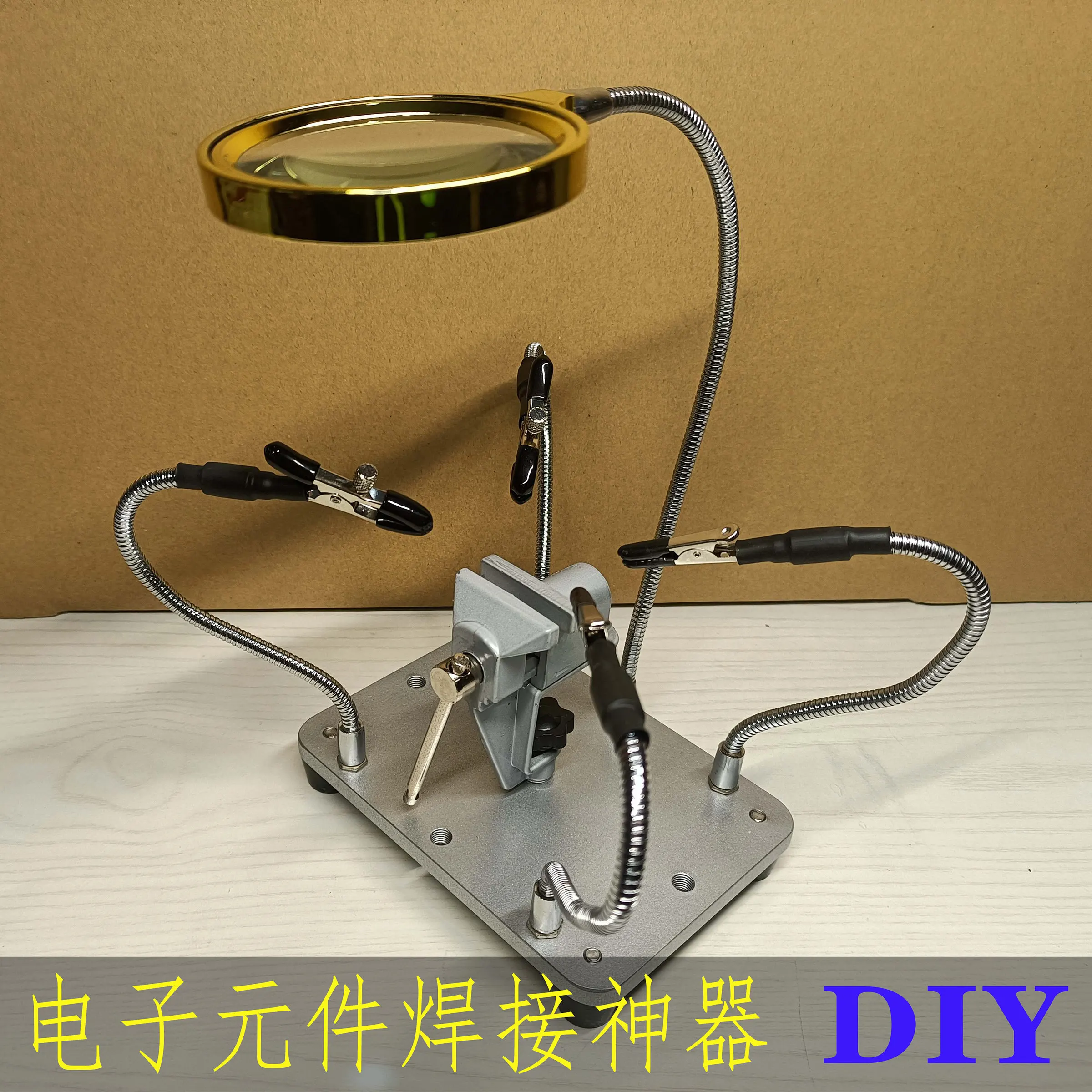 Circuit board soldering workbench, bench vise clamps, magnifying glass handmade for enthusiasts repairing electronic components