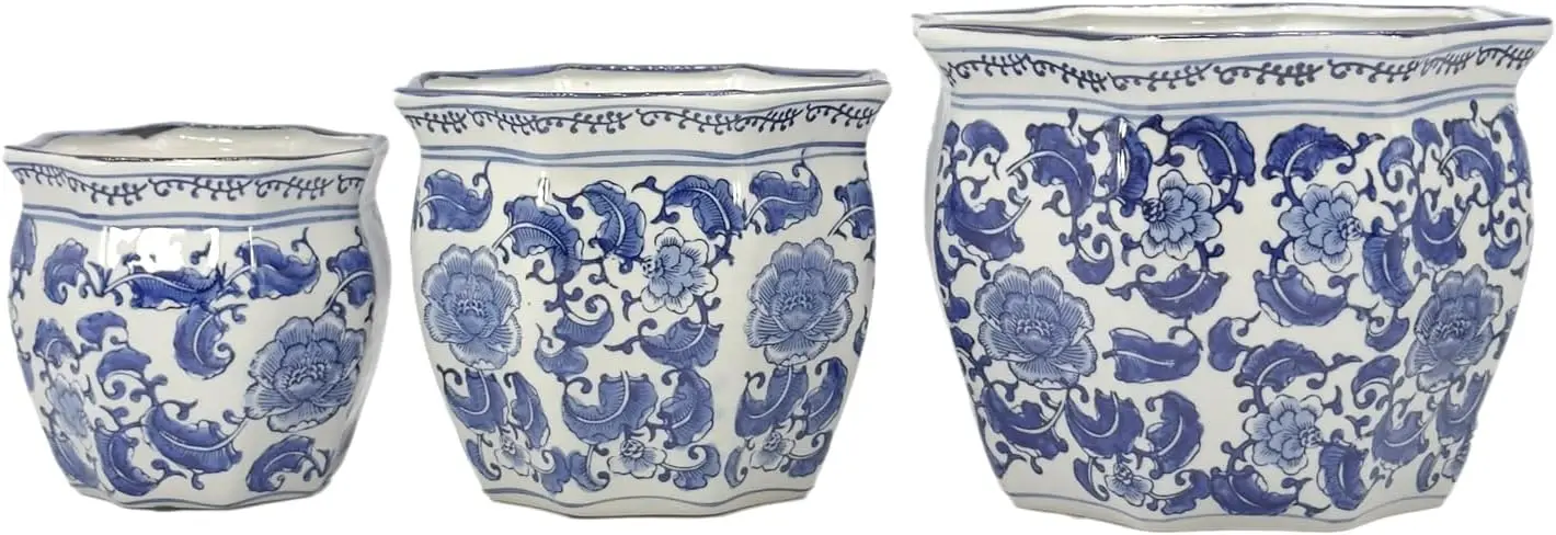 Blue & White Round Fluted Classic Floral Porcelain Ceramic Plant Flower Planter Pot Set of 3 (7.5