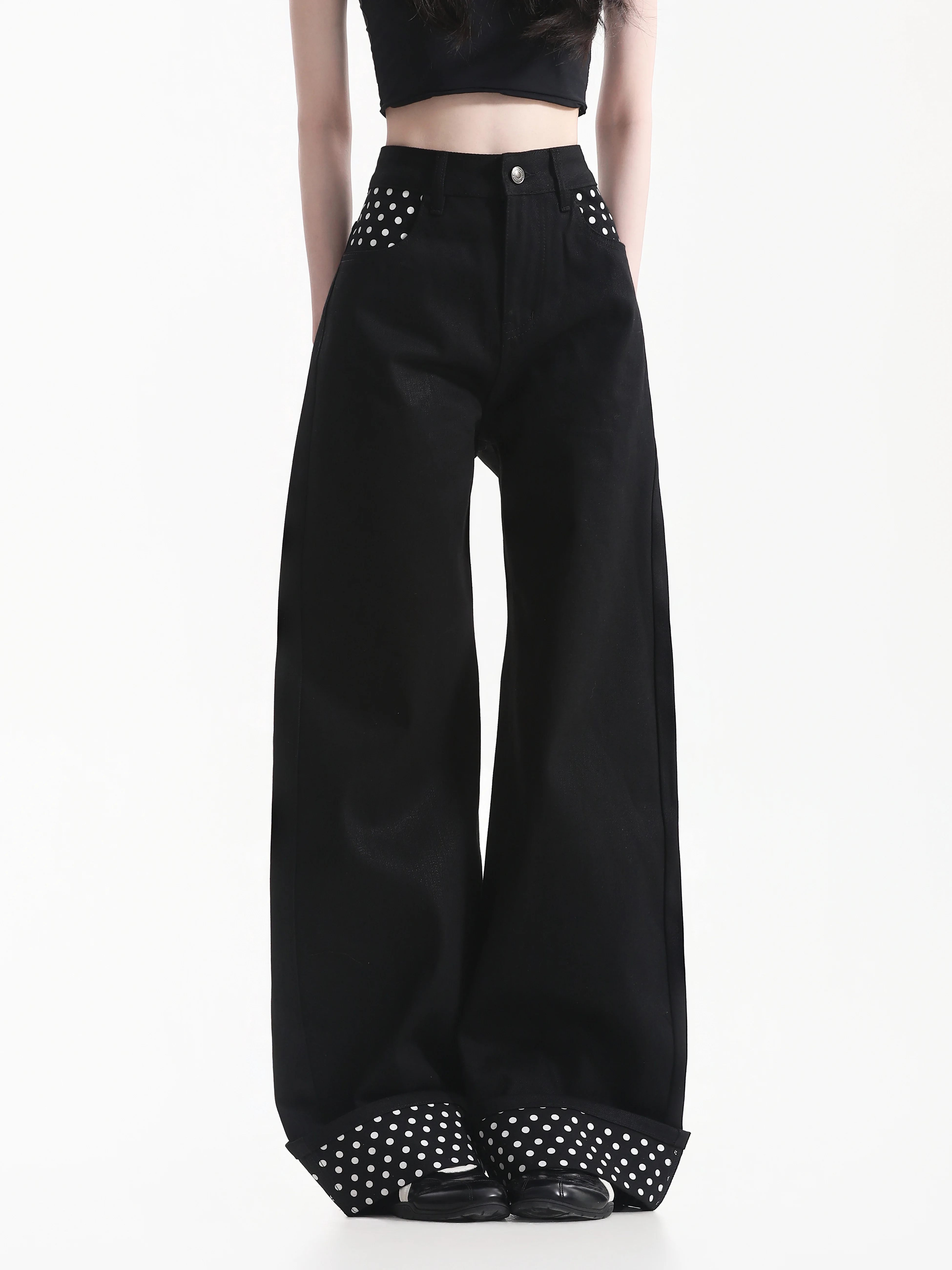 Retro American Design Color Block Polka Dot Cuffed Denim Wide Leg Pants Draping Sensation Neutral Style High Waist Jeans
