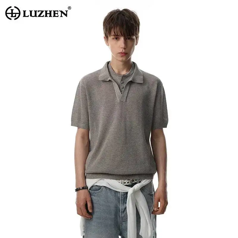 LUZHEN 2026 Summer New Fake Two Piece Design Solid Color Short Sleeve Knitted Pullover Men's Fashion Elegant Casual Tops JY7681