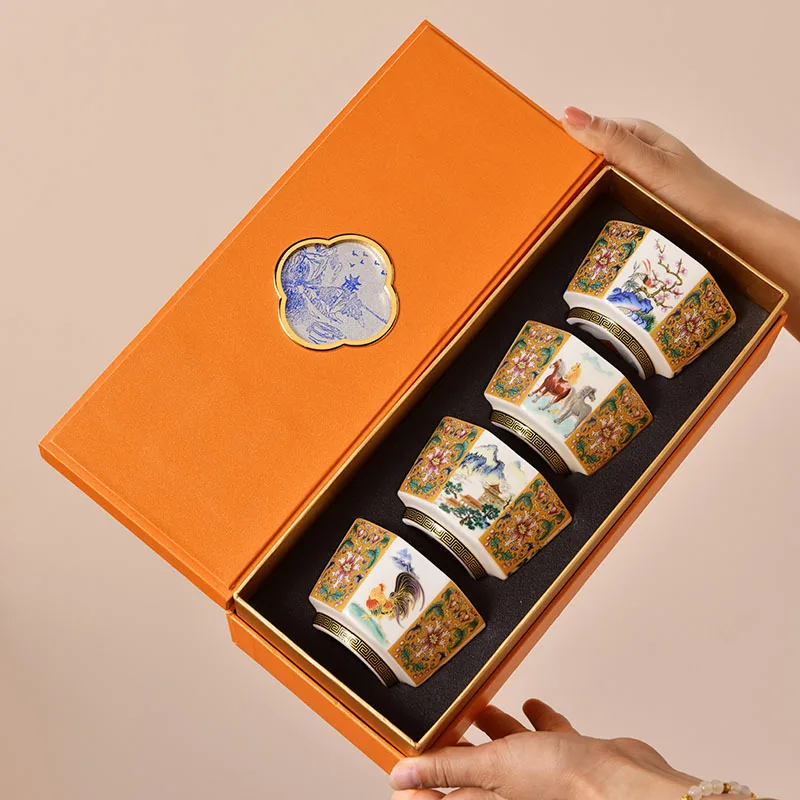 Cloisonné Octagonal Master Tea Cup with Rooster Pattern for Kung Fu - Premium Gift Box Durable Heatproof Non-Slip Home Office