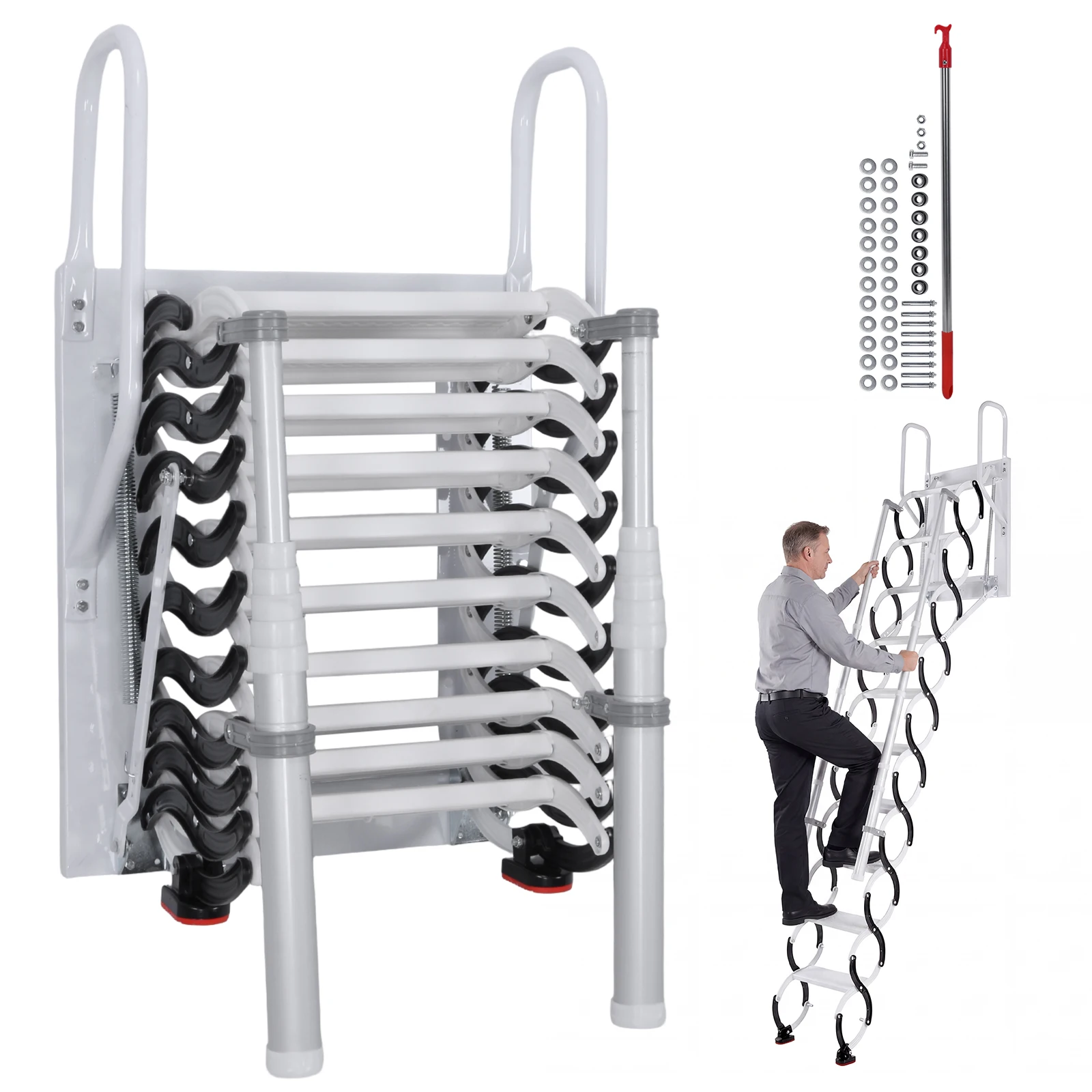Wall-Mounted Folding Stairs Collapsible Ladder Retractable Loft Ladder for Home Indoor Outdoor/Storehouse/Basement