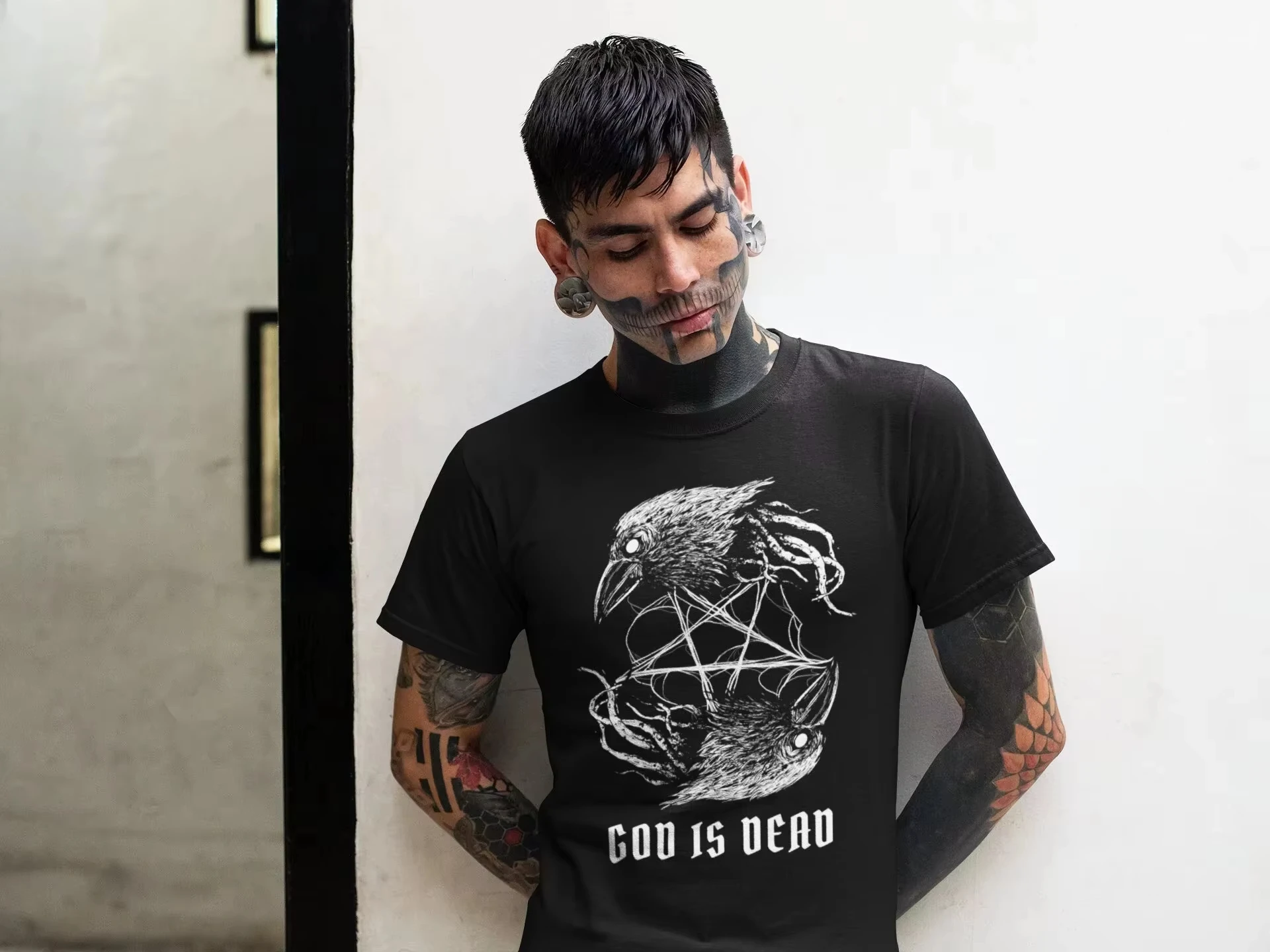 

Black Men's God Is Dead Pentagram Anti Christ Eagle Print Round Neck T-shirt Unisex 100% Pure Cotton Street Soft Short Sleeved