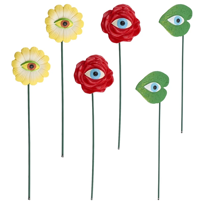 6PCS Resin Plant Eyes Stakes Novelty Rose Sunflower Green Leave Plant Garden Stakes Funny Floral Plant Pick Ornaments