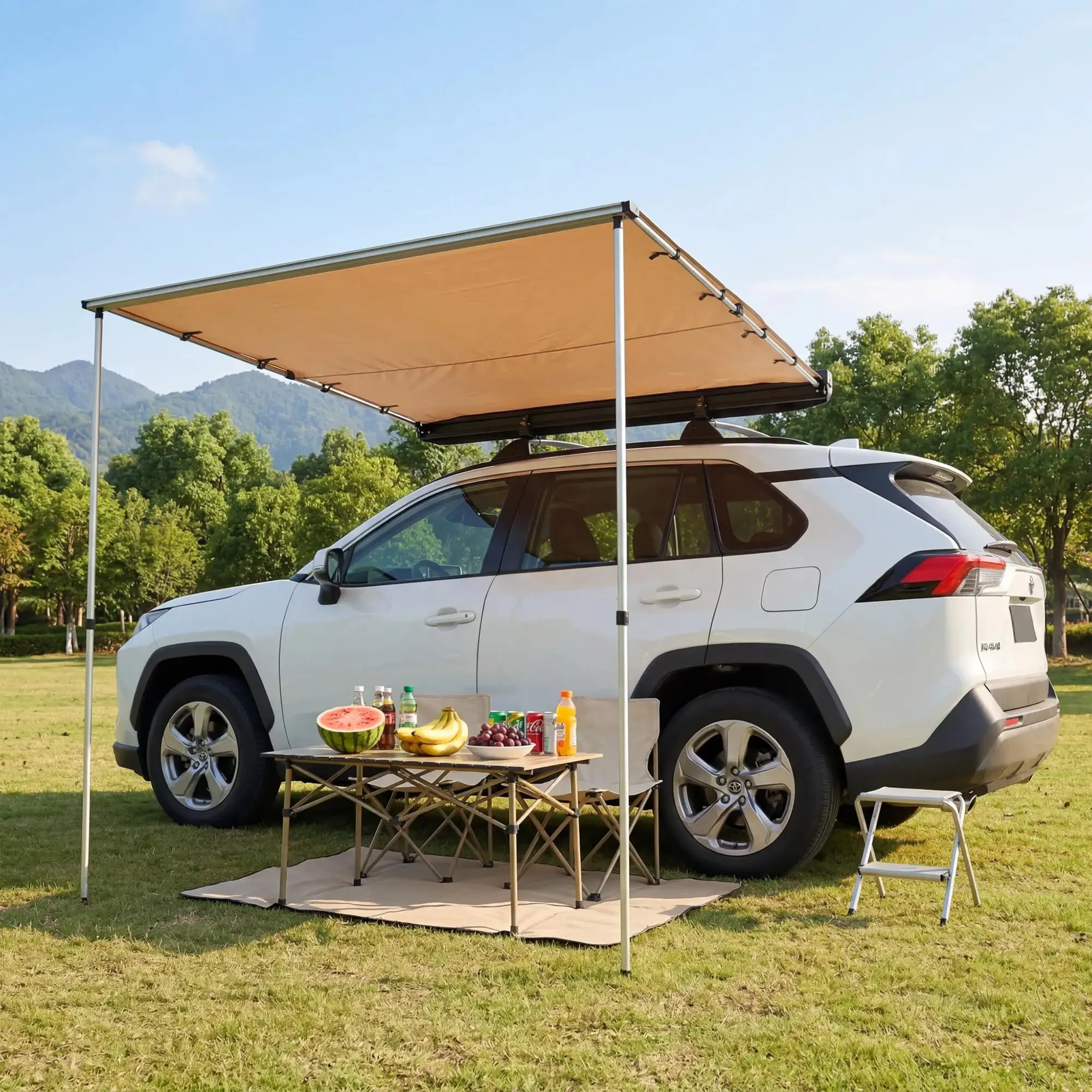 SUV Truck Van Roof Rack Awning - Retractable Side Sun Shade, UV50+ 600D Oxford Waterproof Canopy, Adjustable Aluminum Poles, Outdoor Camping Shelter with Storage Bag view 5