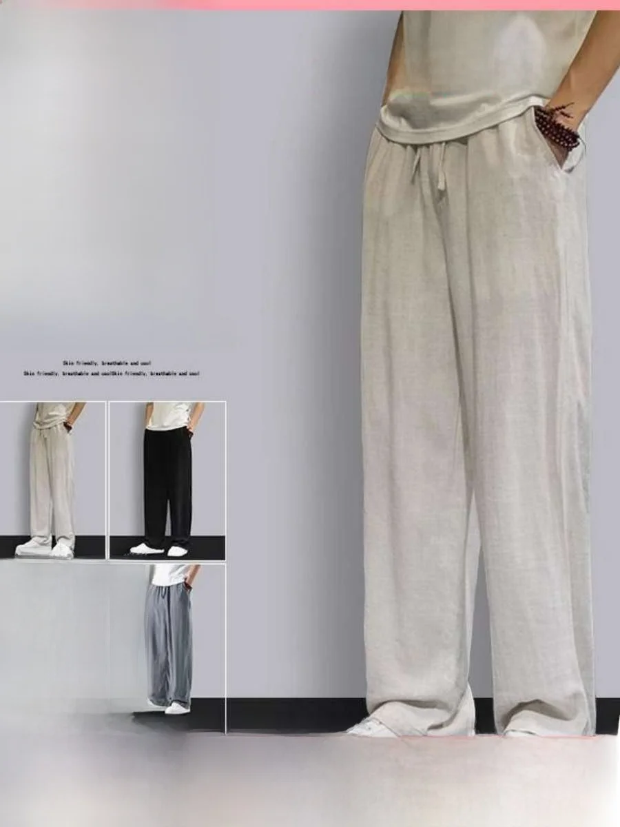 

New Men's Summer Thin Cotton Linen Wide Leg Pants Chinese Style Loose Straight Cut Trousers Comfortable Breathable Casual Wear