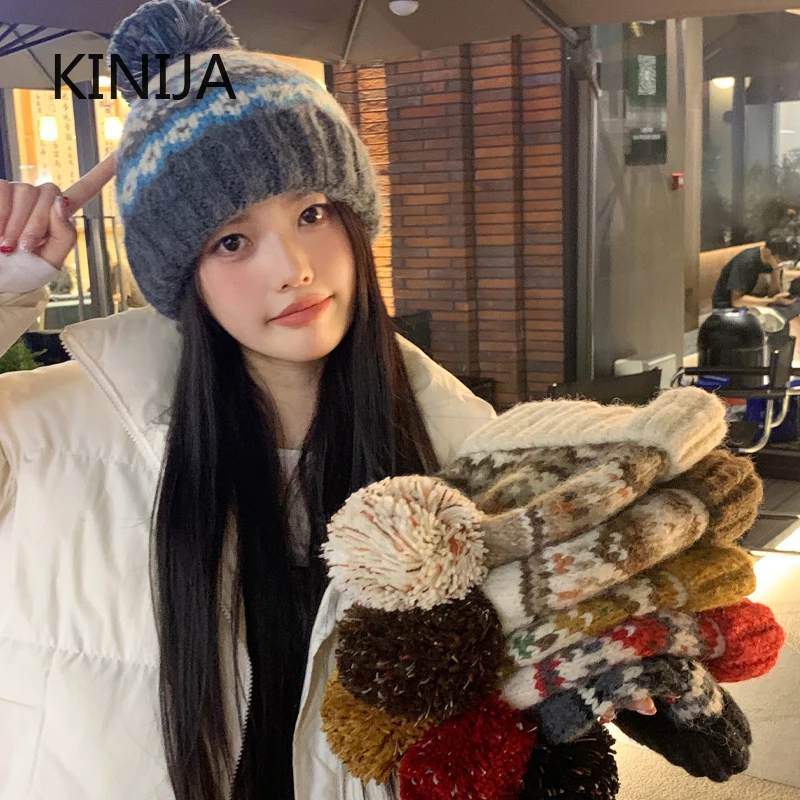 Warm Pullover Hat for Women Winter Thick Woolen Knitted Hat Fashion Fur Ball Beanie Hats Men's Against Cold Hat Skiing Cashmere