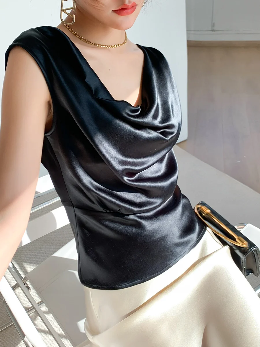 KARFELY Sexy Elegant Acetate Satin Camisole Tank Top Women's Slim Fit Commute Style Short Length Pure Color Base Shirt
