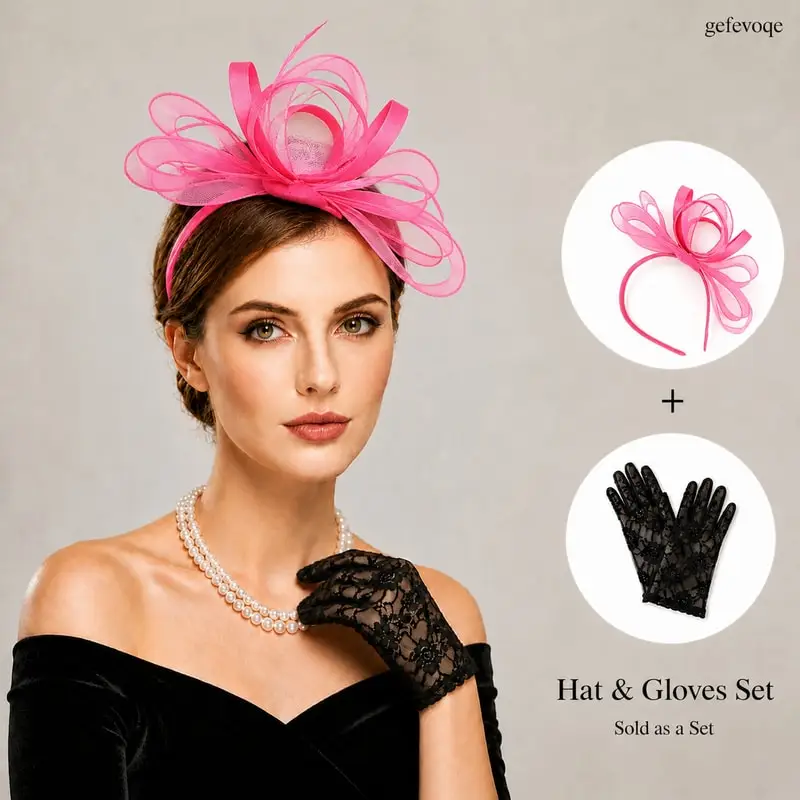 2Pcs Womens Fascinator Headband Lace Gloves Set for Tea Party Derby Wedding