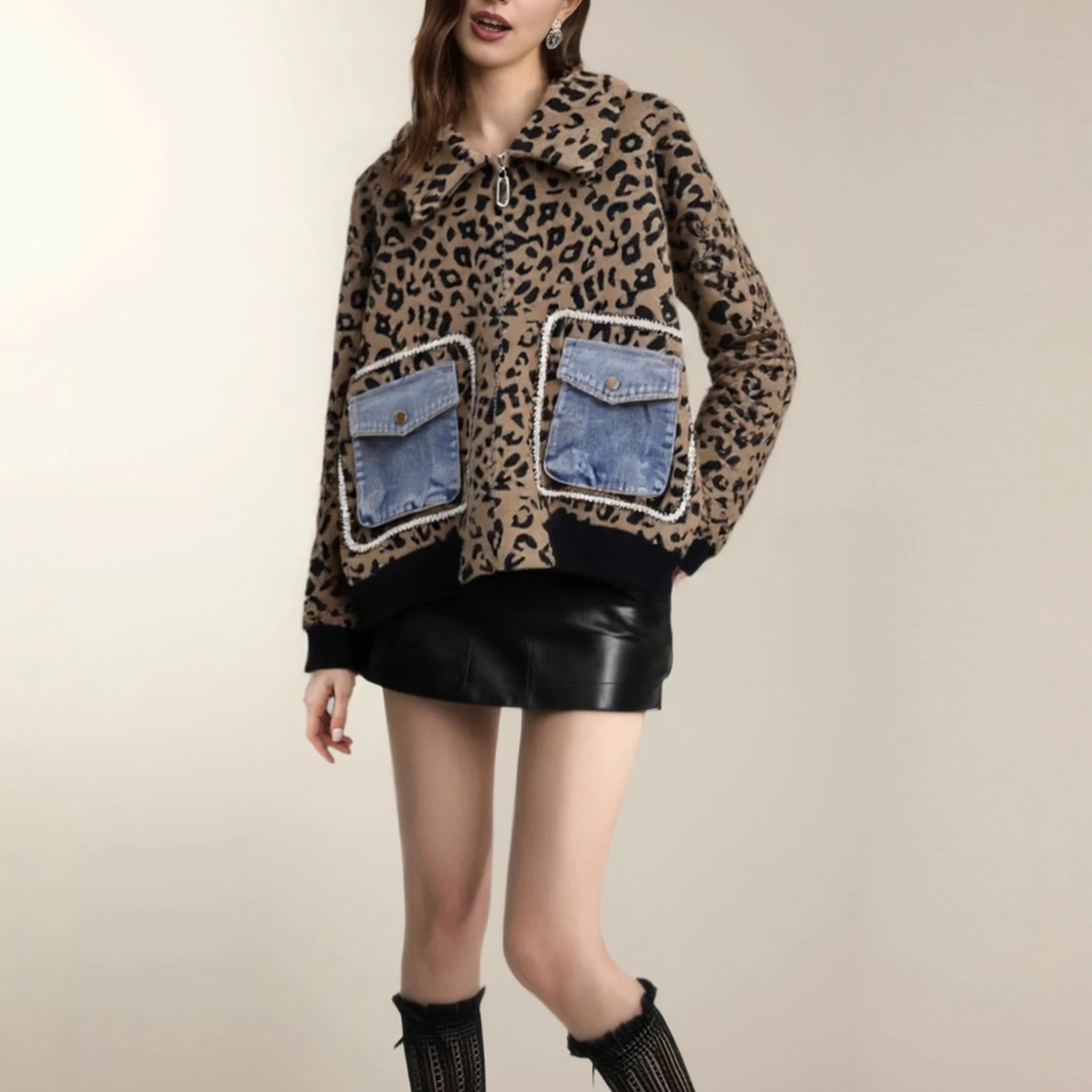 

Women Leopard Print Jacket – Casual Zip Up Coat with Contrast Denim Patch Pockets, Fall Winter Fashion Outerwear