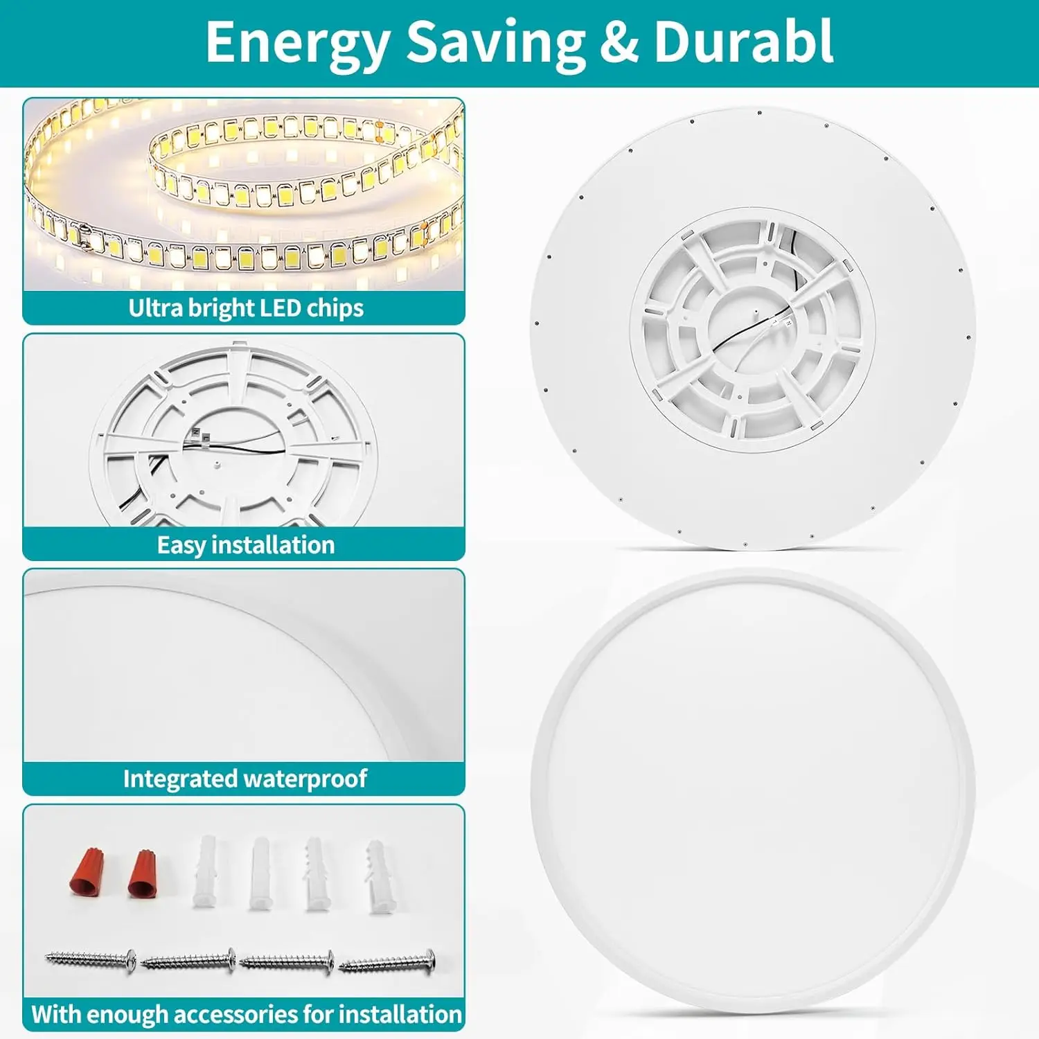 Luminária de teto LED redonda, ultra fino, montagem nivelada, regulável com controle remoto, branco, 56W, 5600 lúmen, 24"