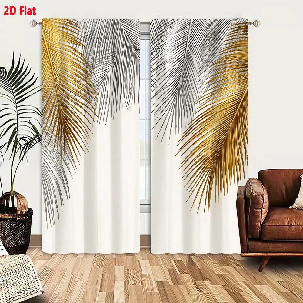 2Pcs Curtains Decorative Palm Leaves Gold And Silver Background For Invitations Window Drapes for Bedroom Room Decor Decoration