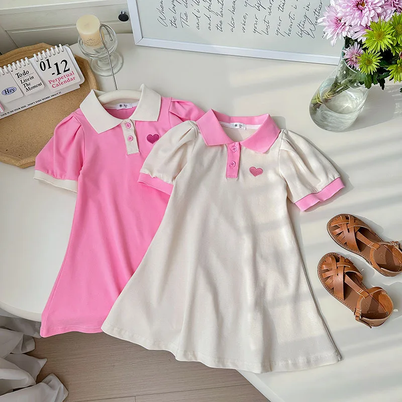 

Повседневное платье трапециевидной формы с вышивкой Loveheart для девочек, детская одежда с отложным воротником и короткими рукавами для девочек