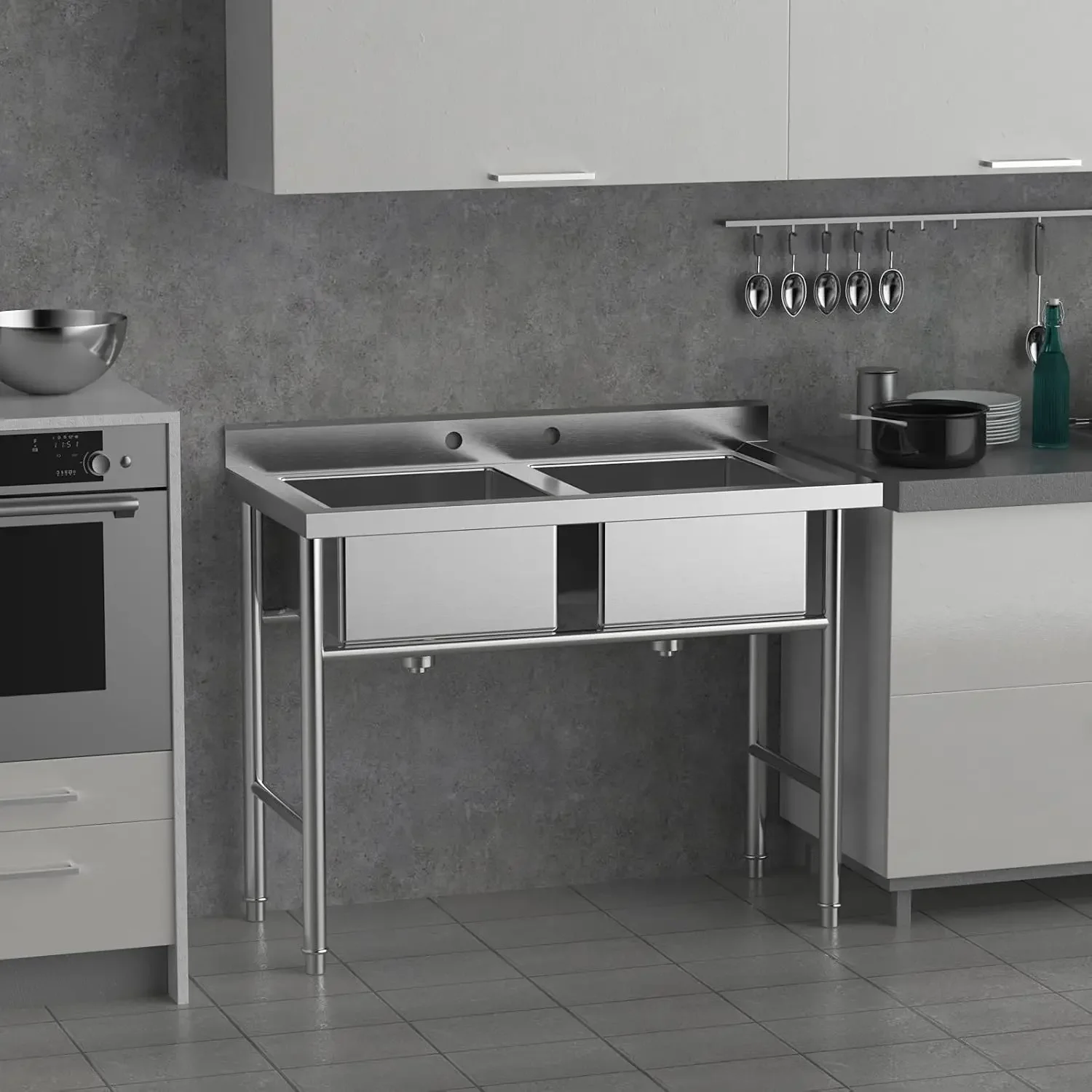 Commercial 304 Stainless Steel Sink 2 Compartment Free Standing Utility Sink for Garage, Restaurant, Kitchen, Laundry Room