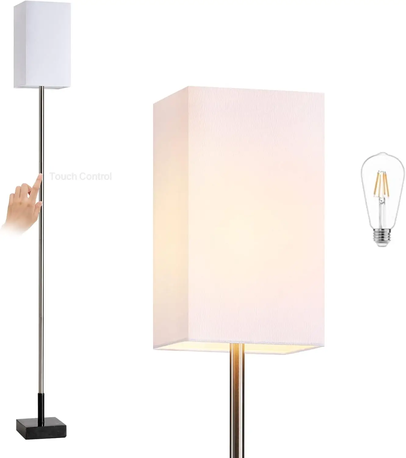 

3-Way Touch Dimmable Floor Lamp with Marble Base, Square Linen Shade, LED Bulb Included for Living Room, Bedroom