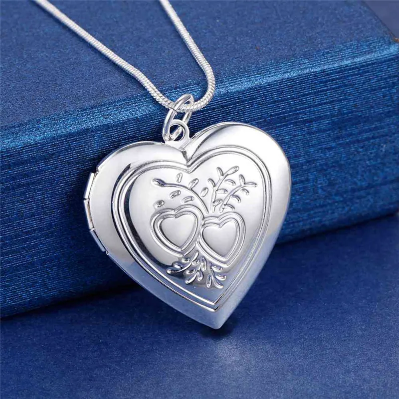 Fine lady Silver color Photo Frame Pendant Snake Chain For Woman Necklaces Charm Wedding Fashion Jewelry LN067