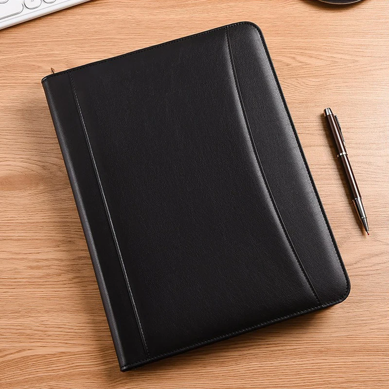 Black A4 Leather Multifunctional Conference Portfolio Folder Zippered Document Organizer Executive Briefcase for Office Use