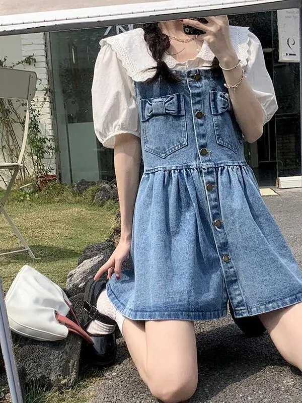 Summer Slimming Denim Short Skirt with  Knot Straps Women's Dress Vest Top Skater Style plus Size College Trend
