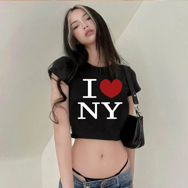 Y2K 여성 라운드넥 반팔 티셔츠, 레터 프린트 오픈 배꼽, 유럽 및 미국 상의, 여름 신상