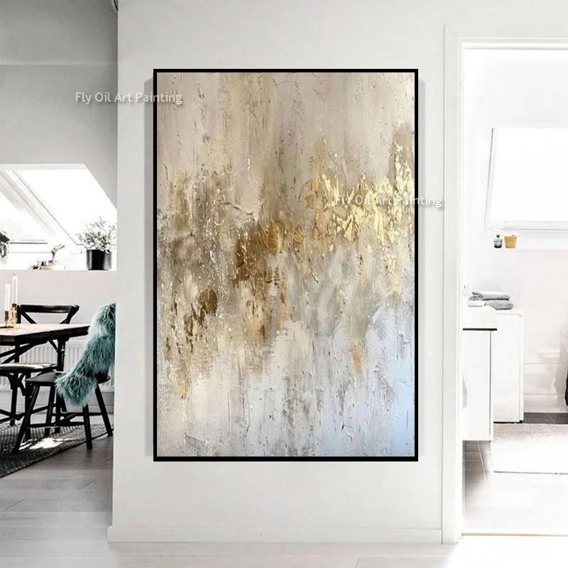 Neutral Brush Stroke Textured Wall Art Handmade Gold Fragment Oil Painting Modern Living Room Home Decor
