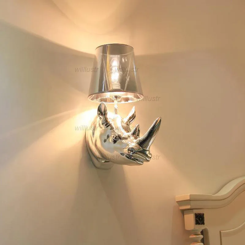 Resin Rhino Wall Lamp Fabric Shade Sconce Hotel Cafe Bar KTV Bedside Living Room Modern White Black Gold Silver Lighting