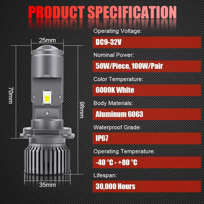 2PCS 100W H4 LED Len Mini Headlight Bulbs Super Bright 50000LM Bi-LED Projector Lenses H4  High Low Beam Headlamp For Car Moto