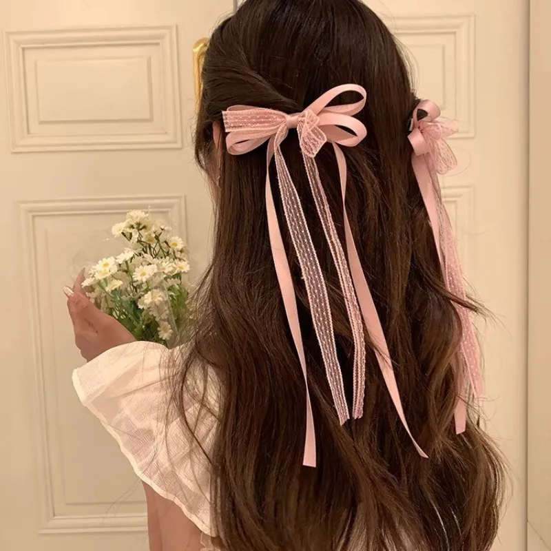 

2pcs Korean Lace Bow Hair Clip Trend Long Ribbon Hairpins Barrettes Headband for Women Girl Hair Accessories Wedding Jewelry