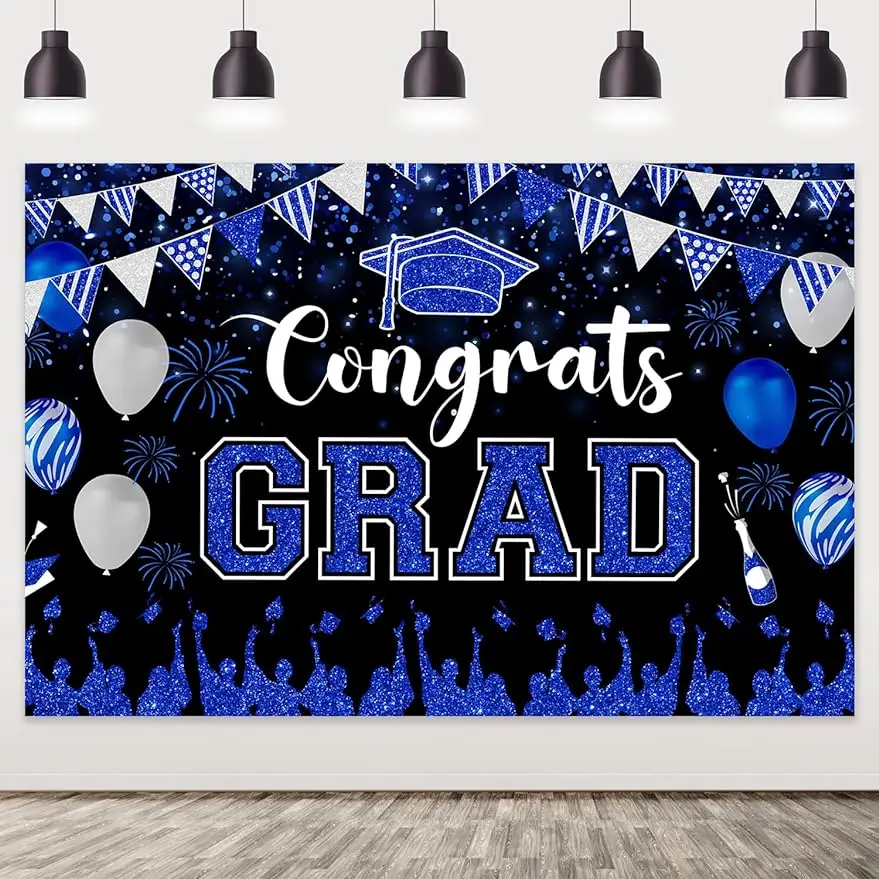 

Funmemoir 5*3ft 2024 Blue Black Congrats Grad Graduation Background Cloth Glitter Printed Bachelor Cap for Congrats Party Decor