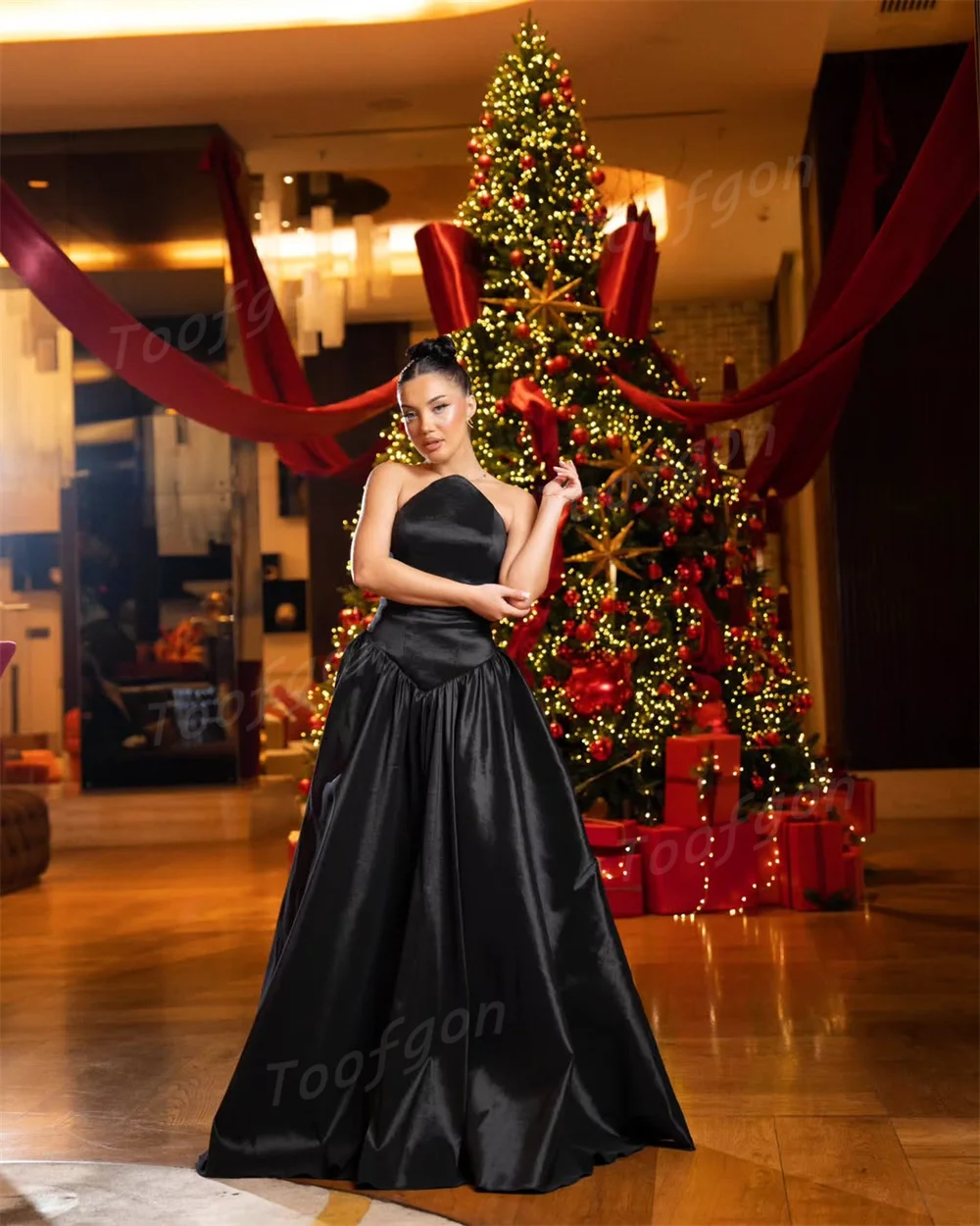Toofgon Unique Strapless Black Evening Dresses Draped A Line Evening Prom Dress Customized Women Formal Birthday Party Dress