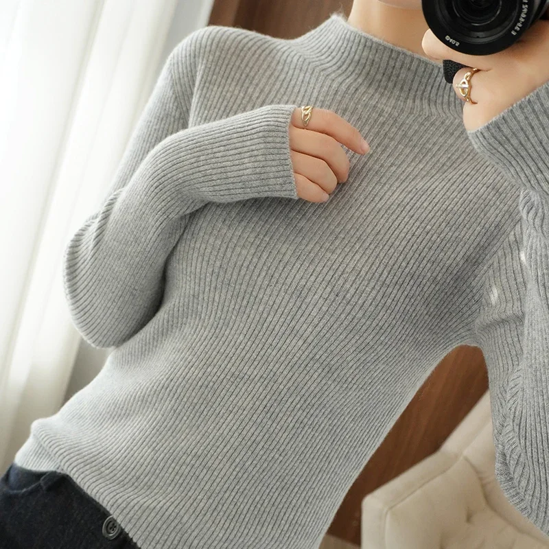 2024 Autumn Winter Thick Warm Sweater Women Slim Fit Half High Collar Sweater Korean Solid Green Casual Basic Pullover Knitwear