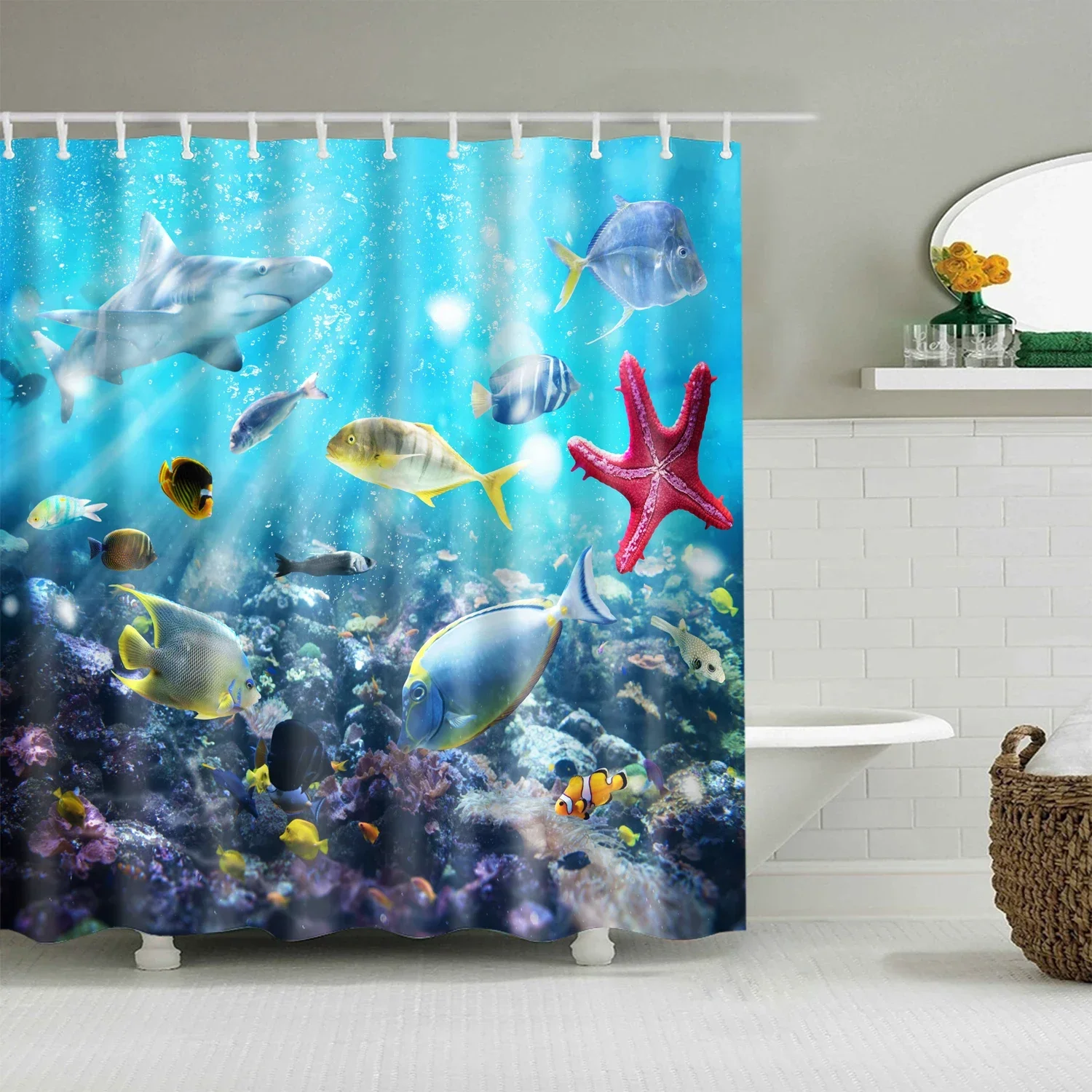 Sea Animals Fish Cartoon Kids Shower Curtain Bathroom Hanging Curtain Frabic Waterproof Polyester Shower Curtain with Hooks