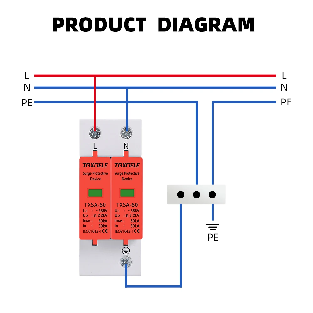 SPD 2P عرام حامي الجهد المنخفض توزيع التيار المتناوب المنزلية جهاز الحماية من الصعق وحدة LBO 20KA 40KA 60KA
