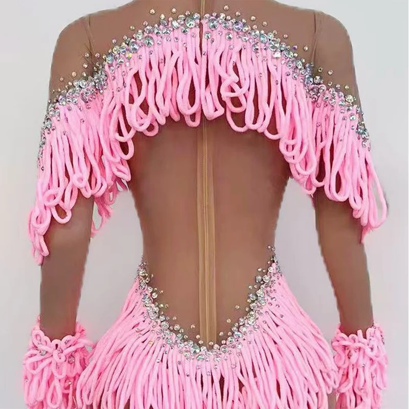 나이트 클럽 고고 댄스 의상 핑크 술 긴 소매 바디 슈트 여성 파티 무대 공연 의류 섹시한 드래그 옷 VDL3966