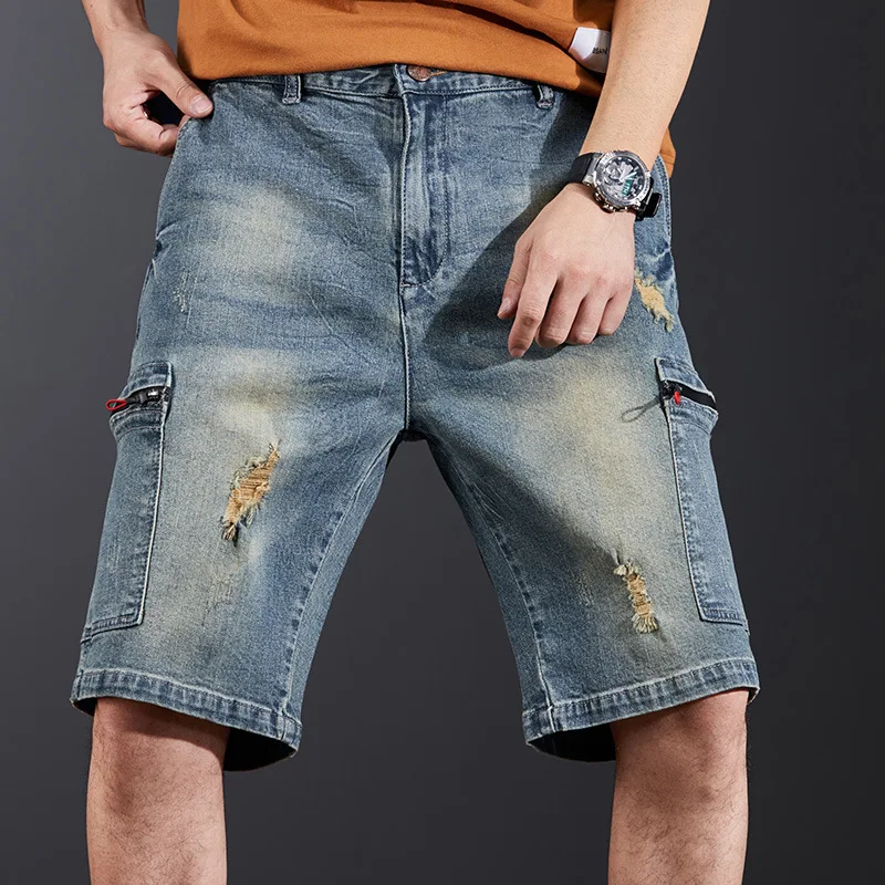 Summer Shorts Multi-pocket Denim Shorts Men's Short Pants Overalls Plus Size Loose Thin Hole Nostalgic Elastic Fabric Bottoms