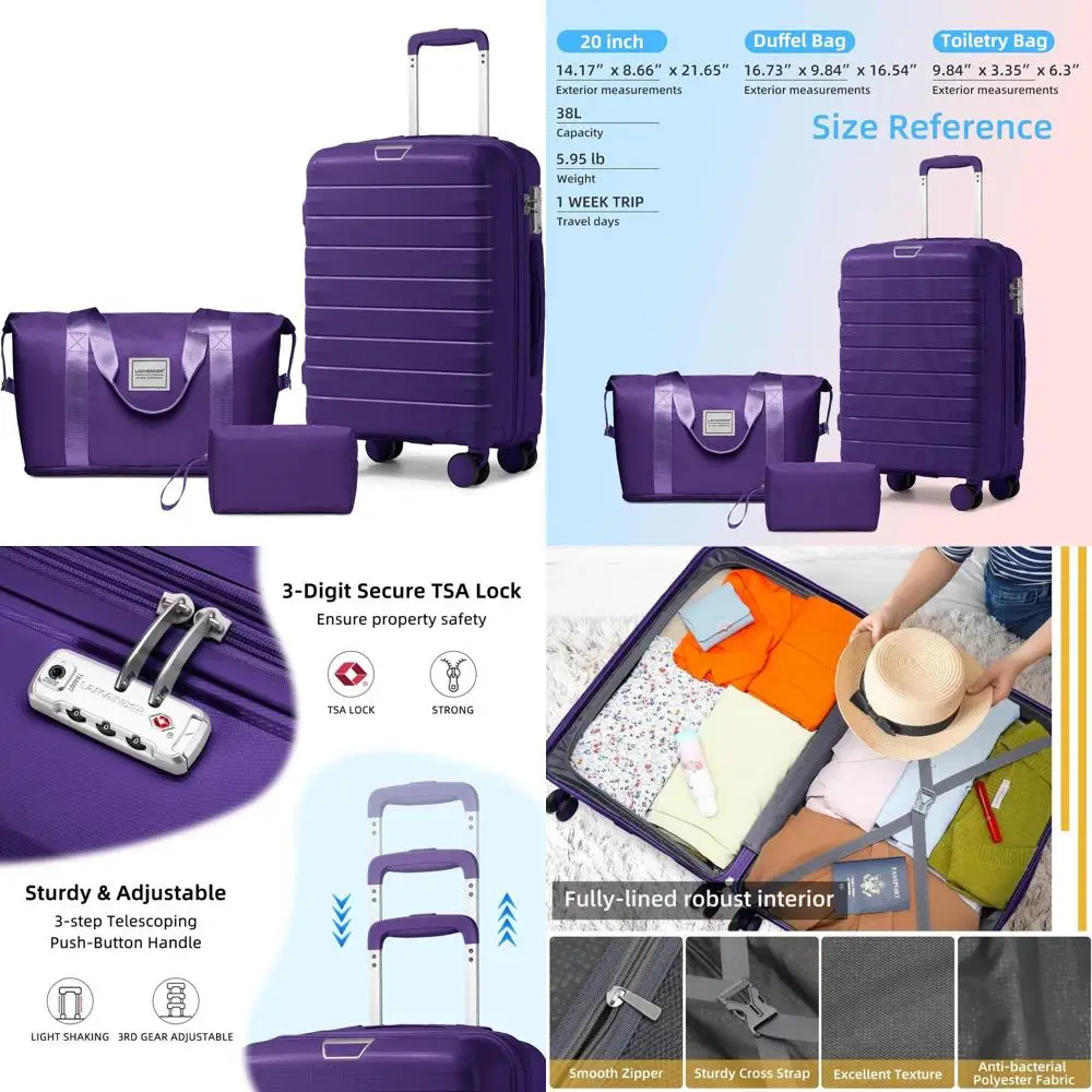 

3-Piece Lavender Hardside Spinner Luggage Set with TSA Lock for Women, Grape Purple