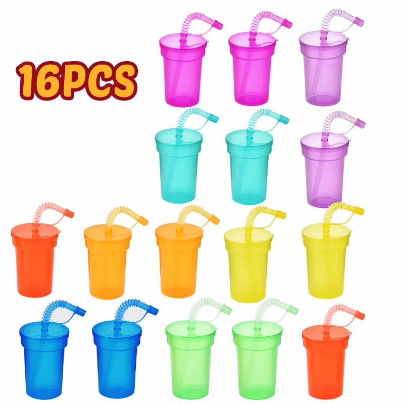 8/16/24PCS Colorful Straws And Cups Clear Party Reusable Sipper Cups Holiday Juice Cups Water Bottles For Camping Outdoors