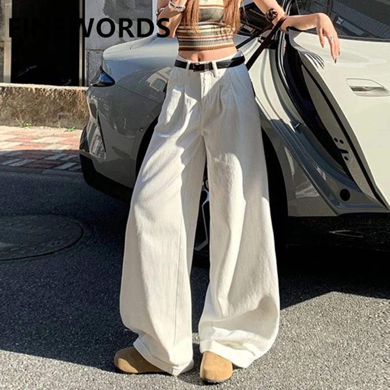 

Женские джинсы FINEWORDS с высокой талией, белые, свободные, широкие штанины, повседневные, в стиле Y2K, уличные, полной длины, свободные, в корейском стиле