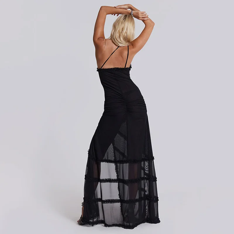 Summer  Women Clothing Design Sleeveless Pleated Hollow Out Slit Backless Slit Slim Sexy Women Beach Vacation Long  Dress