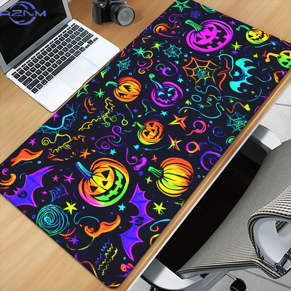 1pc Vibrant Neon Halloween-Themed Mouse Pad - Waterproof & Anti-Slip Rubber Desk Mat with Colorful Pumpkin, Bat, & Design for PC