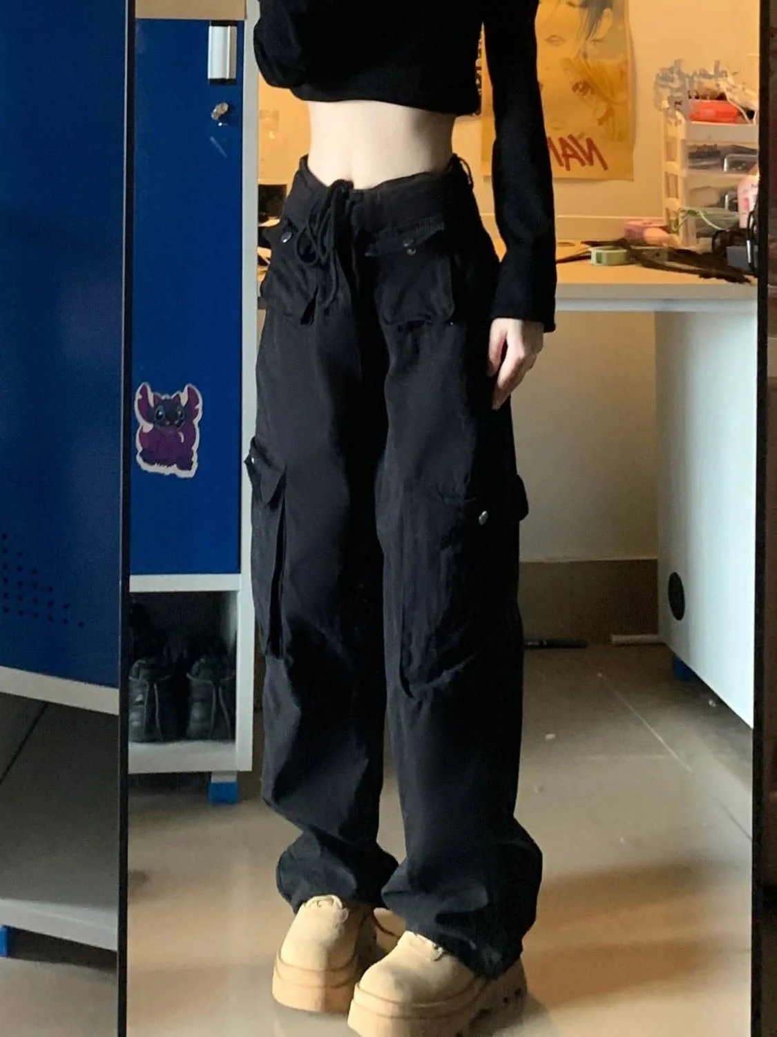 

HOUZHOU Black Cargo Pants Women Wide Leg Cargo Trousers Female Oversize Casual Streetwear Hip Hop Patchwork Pocket Safari