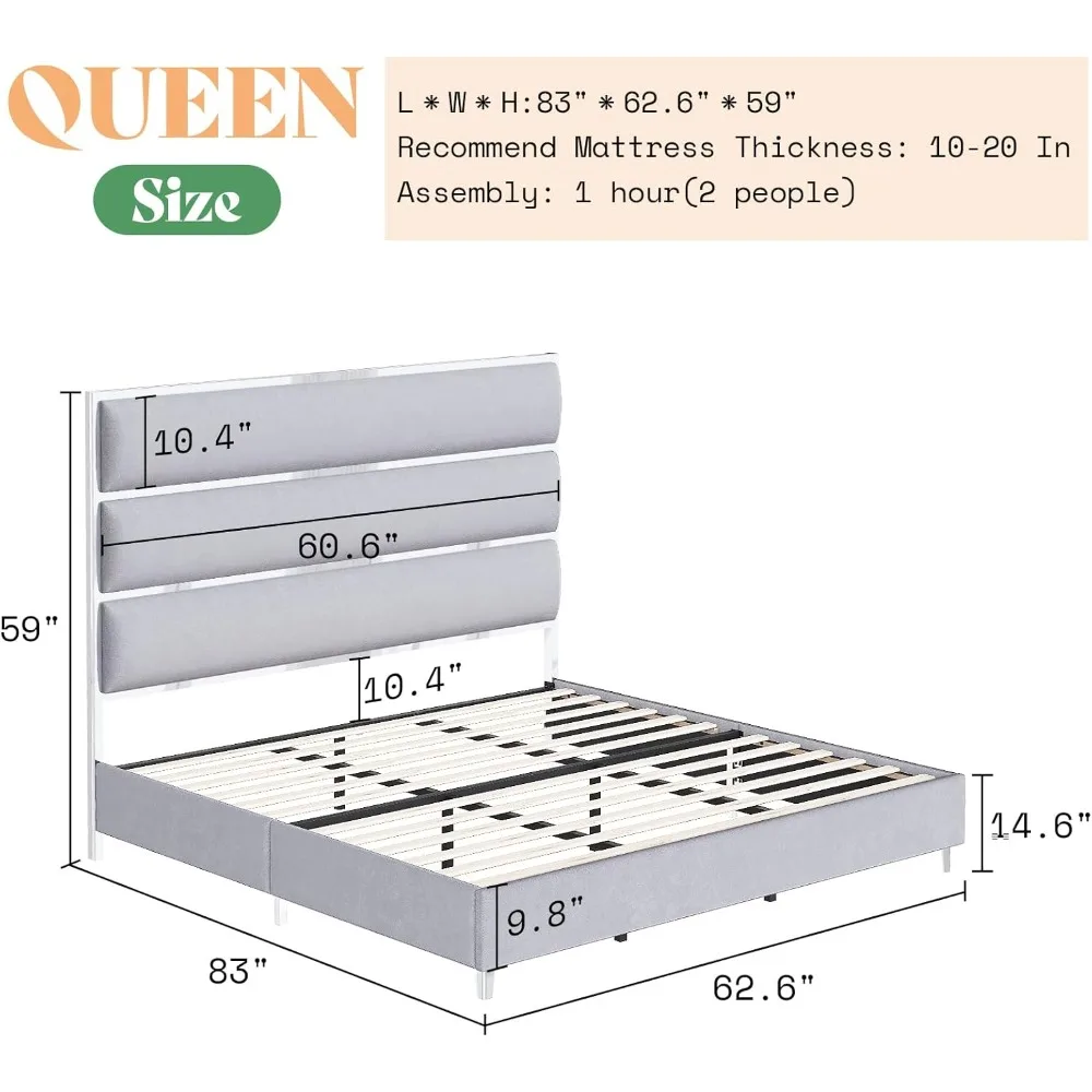 AMERLIFE Queensize bedframe met 59 inch hoog hoofdeinde, fluwelen gestoffeerd platformbed met gespiegelde verzilverde/houten latten/geen doos